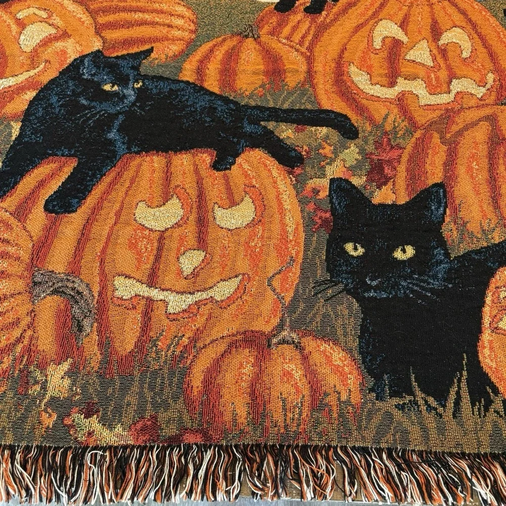 Halloween Black Cat Pumpkin Tapestry Autumn Fall Decor Blanket Throw 63
